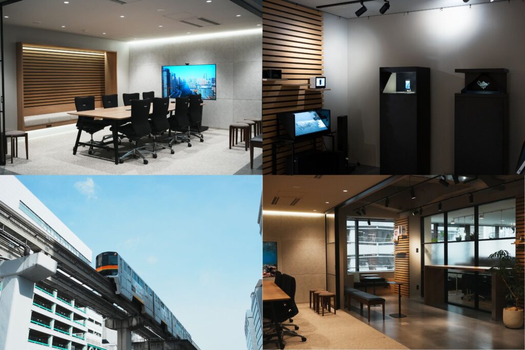 NA-T DESIGN HUB(ナッティデザインハブ)内の会議室「HUB」の写真、同ショールームの写真、拠点側を走る多摩モノレールの車両の写真。